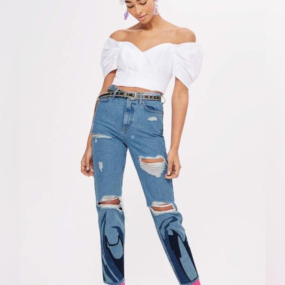 Topshop Womens blue denim flame appliqué Ripped Jeans size 28 distressed ASOS